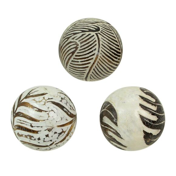 Set of 3 Whitewashed Carved Tropical Leaf Solid Wood Decor Balls - Picture 2 of 4